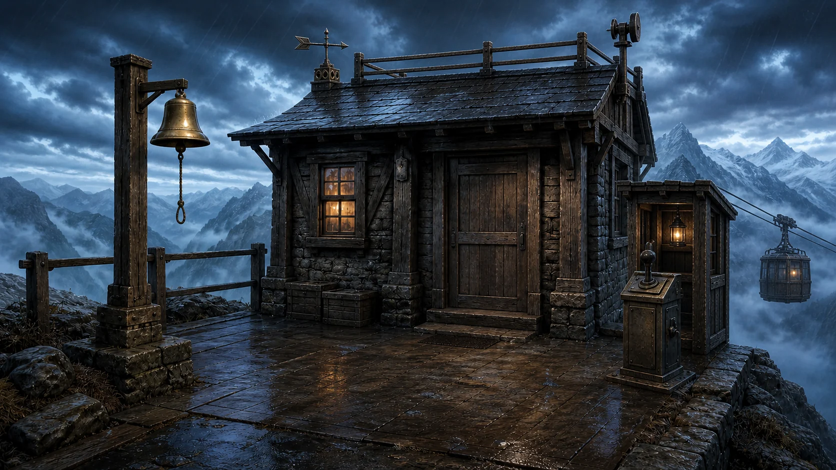 A stormy mountain outpost landing with a cabin door and brass bell.