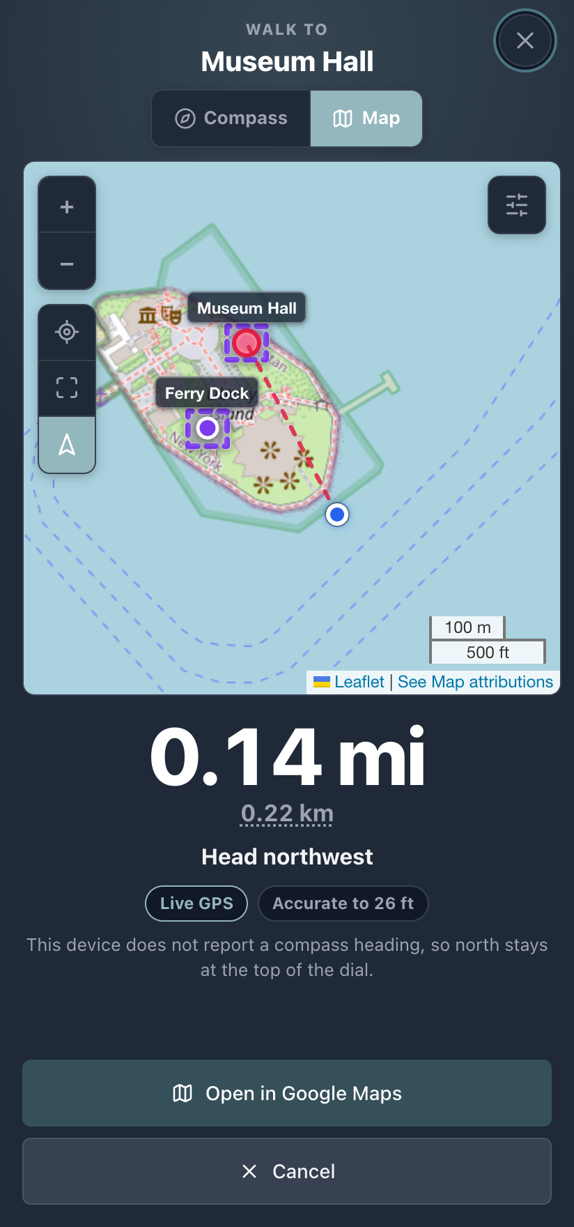 The navigate screen in dark mode, map view: the target zone framed with a dashed line from the player to it, the distance in large numbers beneath, and a button to open the phone's own maps app.