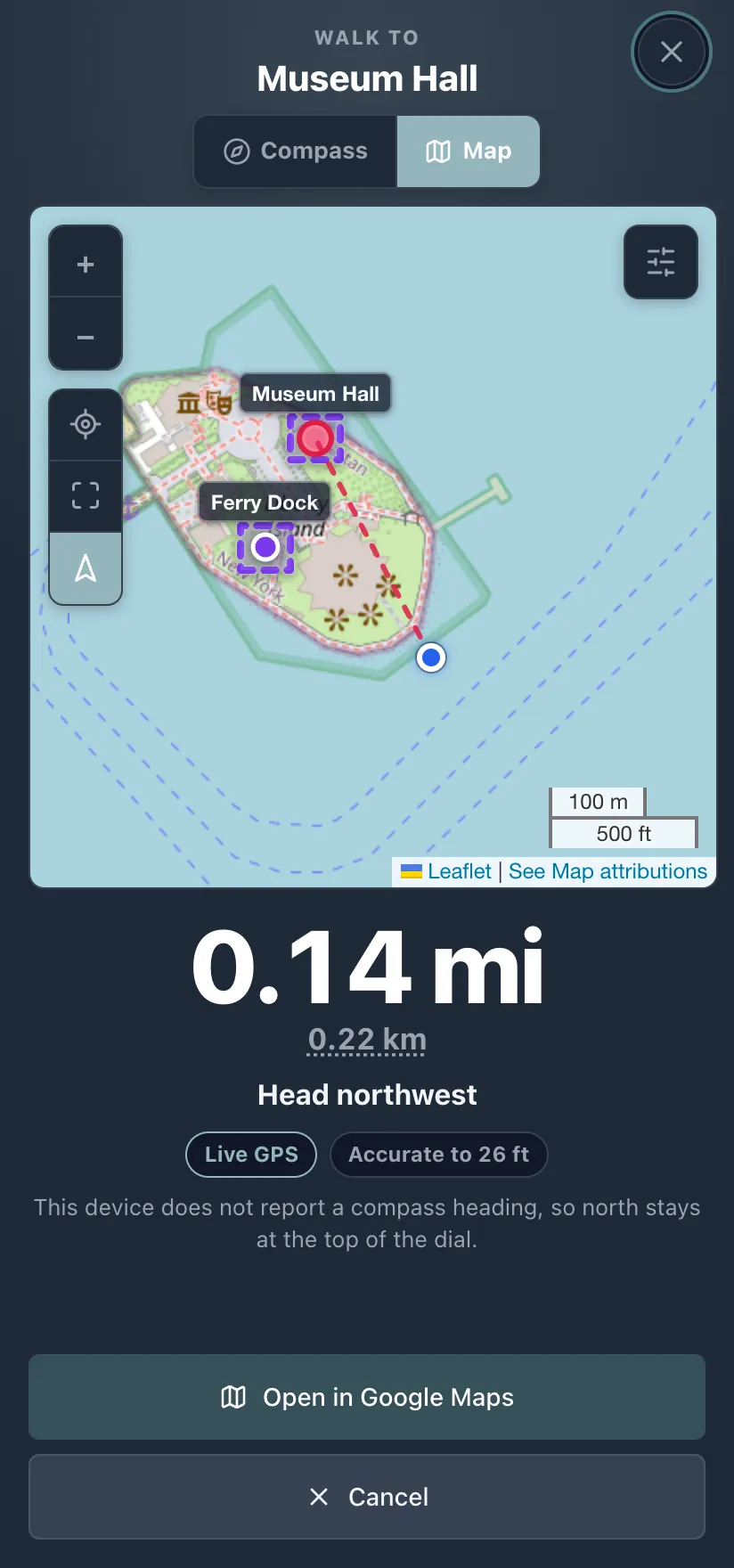 The navigate screen in dark mode, map view: the target zone framed with a dashed line from the player to it, the distance in large numbers beneath, and a button to open the phone's own maps app.