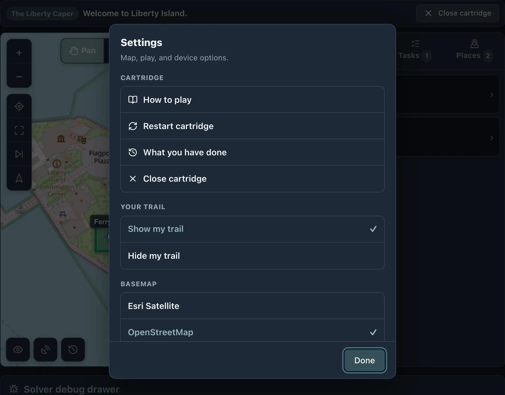 The player settings sheet in dark mode, listing cartridge actions, a choice of basemaps and distance units.