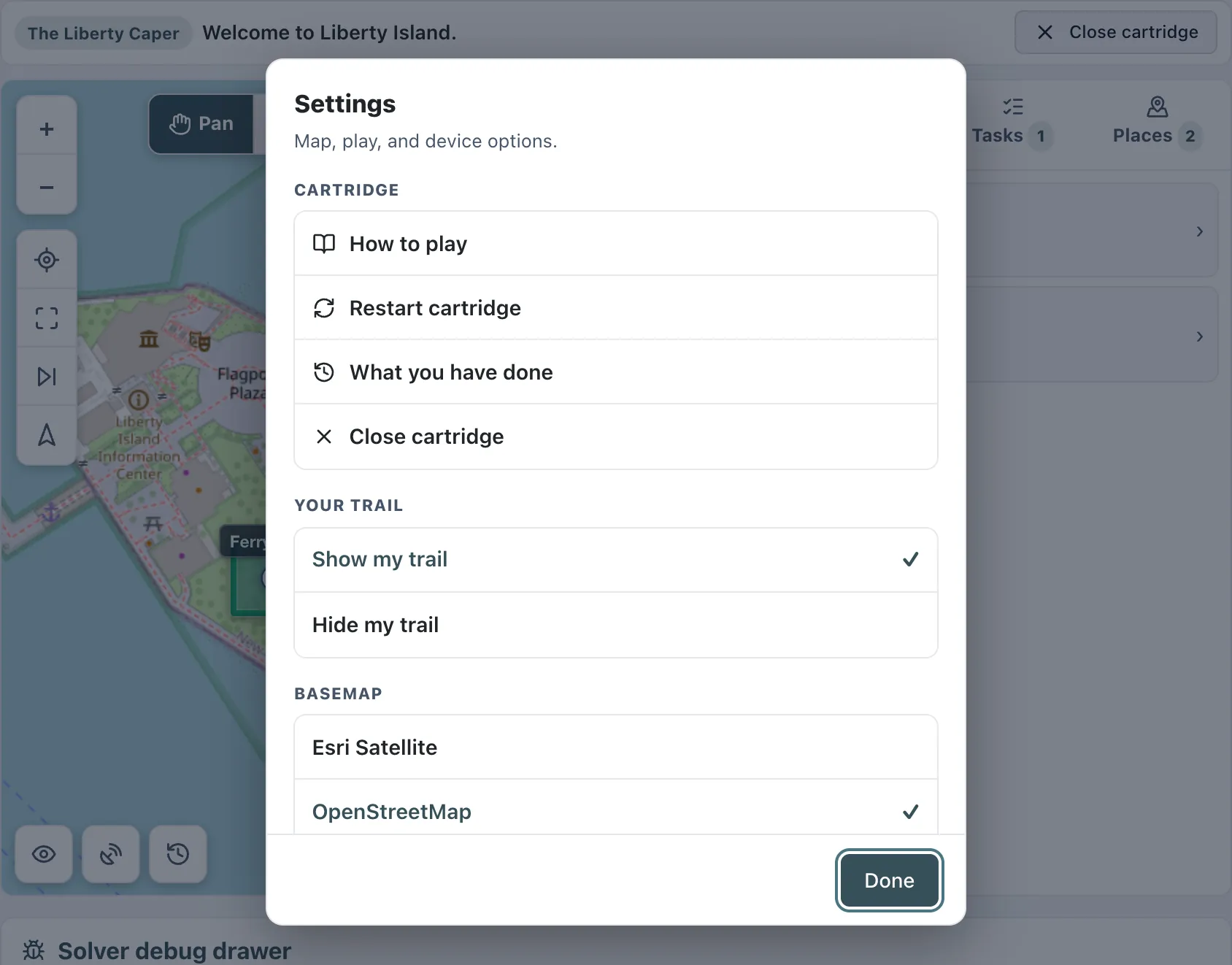 The player settings sheet, listing cartridge actions, a choice of basemaps and distance units.